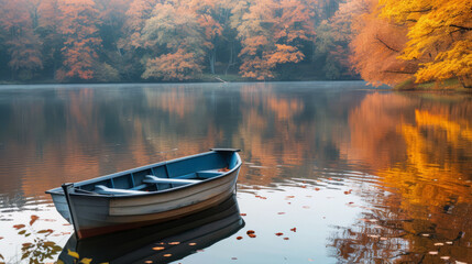 Serene autumn scenery with a rowing boat on a peaceful lake with vibrant fall foliage