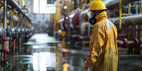 Worker in Yellow Safety Gear in Industrial Oil Plant, The image can be used to convey the importance of safety and protection in industrial settings,