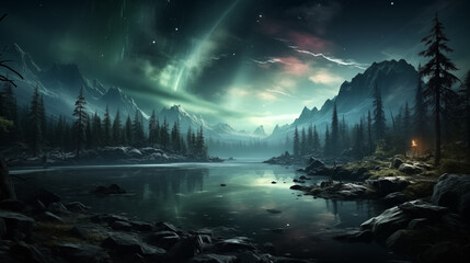 Majestic northern lights over mountain lake with pine trees and rocky shores under starry night sky