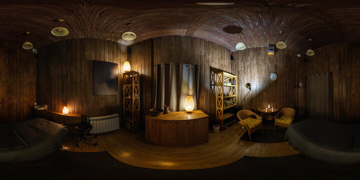 hdri 360 panorama view in stylish beauty spa and massage saloon in wooden room with intimate lighting in equirectangular seamless spherical  projection.