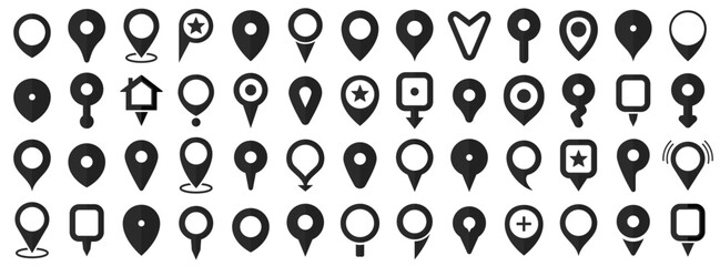 Black location pin icons. Map pointer markers. Set of black map pin icons. Destination and location symbol collection