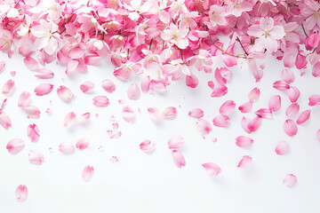 Fototapeta premium Pink Petal Cascade: Sakura Confetti Scattered on a White Background