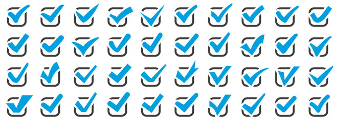 Tick icons. Set of check mark icon on a white background. Blue check mark icons. Correct, yes, choose, confirm, approved symbols. Checkmark signs