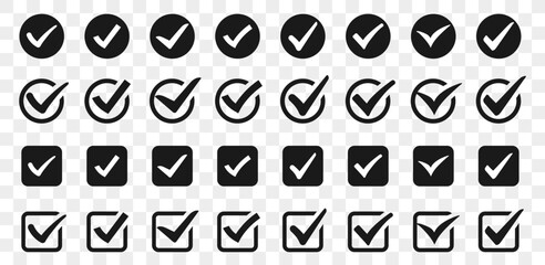 Check or tick icons. Big set of black check or tick icons for design. Check symbol isolated