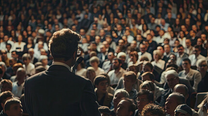 Audience asking question to orator at business conference in auditorium.