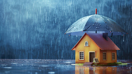 Concept of home insurance. House covered with umbrella to protect it from rain and storm. - obrazy, fototapety, plakaty