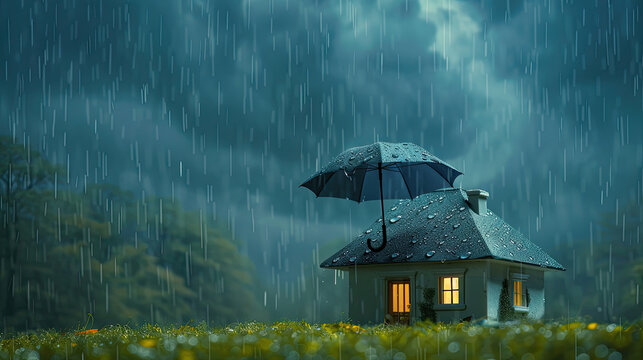 Concept of home insurance. House covered with umbrella to protect it from rain and storm.