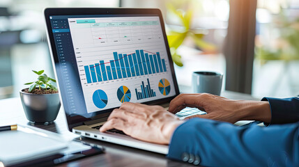 Cropped photo of businessman analyzing business diagram, marketing statistics and finance market graphs on laptop monitor in the office.