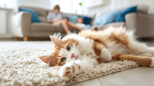Cute pet lying on the floor of on background of family of four having rest at home.