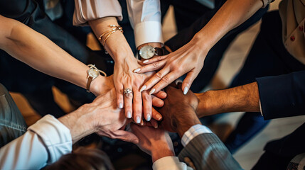 Group of businesspeople coming together as a team and putting their hands together.