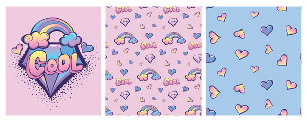 Set of typography poster with diamond, clouds, rainbow and hearts illustration. Vector design for fashion textile, t shirts, clothes. Hearts seamless pattern for Valentines day. Comics text Cool
