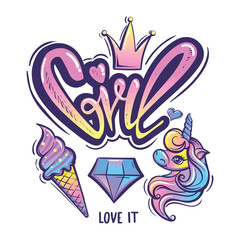 Girl text, crown, diamond shape, ice cream, unicorn. Graffiti text Vector illustration design for fashion graphics, t shirt prints.