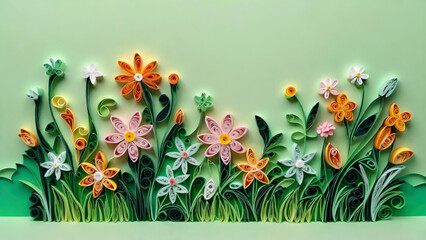Paper colorful spring flowers on light green background made in quilling craft technic.Seamless floral pattern.Banner for design with copy space. Generative AI