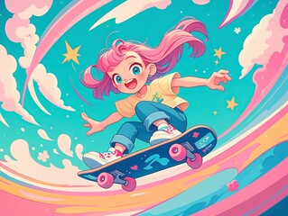 cute girl with pink hair skateboarding