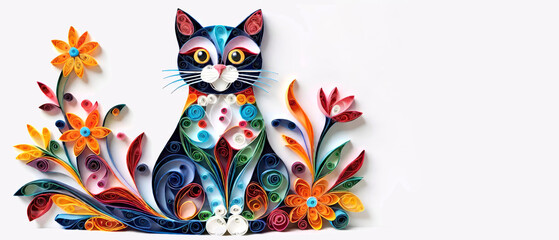 Paper Quilling art style Cat with bright colorful flowers on white background with copy space.Banner for design and interior decor. AI generated.