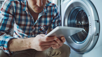 man using tablet pc to fix a washing machine. - obrazy, fototapety, plakaty
