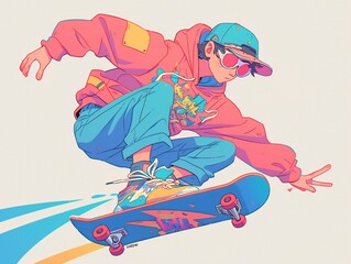 cartoon cool guy in a pink sweatshirt rides a skateboard