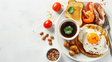 Plate with tasty English breakfast and cup of coffee on white background.