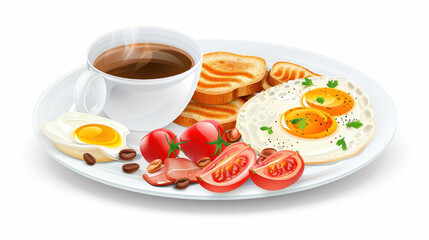 Plate with tasty English breakfast and cup of coffee on white background.