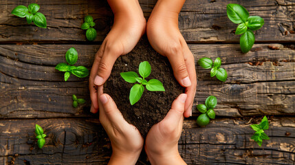 Hands holding a small plant in soil, symbolizing growth and nurturing, surrounded by fresh basil leaves on rustic wood