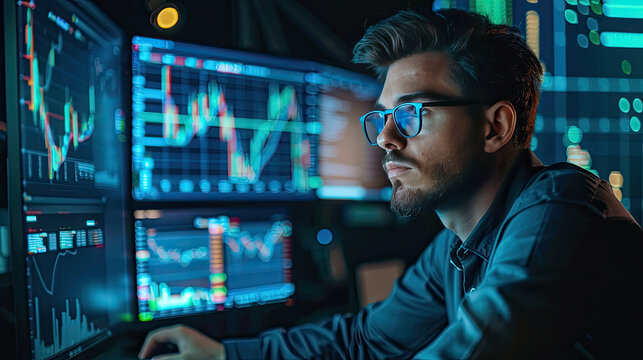 Portrait of Young Handsome Stock Exchange Broker Working on Computer, Researching Real-Time Stocks Data, Analyzing Commodities and Exchange Market Charts. Professional Investment Agent in Office.
