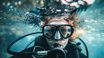 Under and above water surface view of woman scuba diver.