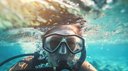 Under and above water surface view of woman scuba diver.