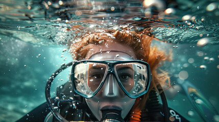 Under and above water surface view of woman scuba diver.