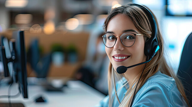 Young friendly operator woman agent with headsets working in a call center.