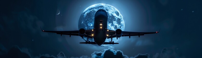  Airliner silhouette against a full moon - obrazy, fototapety, plakaty