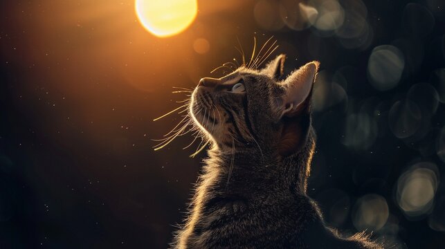 As the world darkens during a solar eclipse a cat gazes upwards