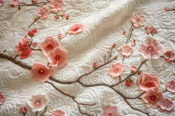 Sakura Quilt Elegance: Textured Floral Embroidery on Cream Fabric