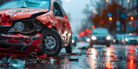 Car Accident in Urban Setting with Emergency Response, To convey a message of emergency response, legal advocacy, or the aftermath of a car accident - obrazy, fototapety, plakaty