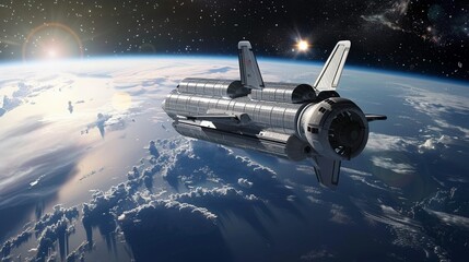  Space tourism shuttle approaching luxury space hotel Earth in the backdrop