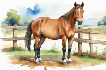 horse in a farm watercolor style