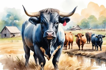 Foto op Plexiglas cow in the field watercolor  © Magic Art