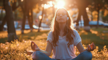 meditation at sunset. Woman meditating and doing yoga in park in the evening. She is free to reset her mind, soul and consciousness after a working day. Concept for growth, success, goal achievement - obrazy, fototapety, plakaty