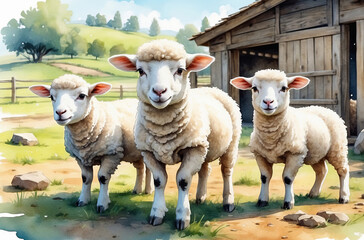 sheep and lambs watercolor style
