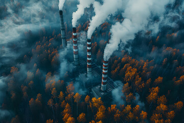 Smokestacks emitting smoke in autumn forest. Aerial view of industrial pollution impacting nature. Environmental conservation concept, Aerial view of nuclear power plant - obrazy, fototapety, plakaty