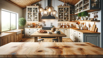 A kitchen wooden table top in the foreground with a blurred kitchen background