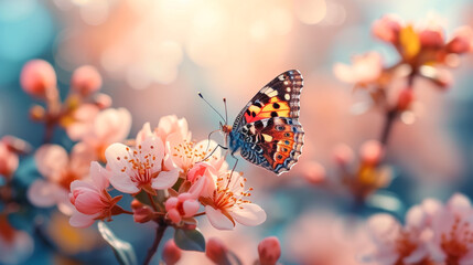 butterfly on the blossoming cherry tree, in the style of soft pastel hues, golden light,...
