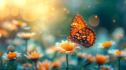 butterfly on the blossoming cherry tree, in the style of soft pastel hues, golden light,...
