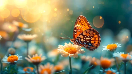 Fotobehang butterfly on the blossoming cherry tree, in the style of soft pastel hues, golden light, photo-realistic landscapes, light indigo and pink. © Mujahid