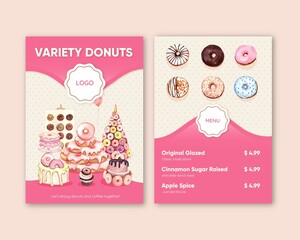 Menu Template With Donut Party Conceptwatercolor Style
