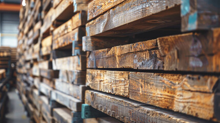 A close-up view of tightly stacked wooden beams in a warehouse. Construction store, sawmill, timber.
