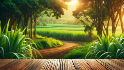 empty wooden brown table top, with a softly blurred background of a lush sugarcane plantation