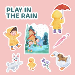 Sticker Template With Children Rainy Season Conceptwatercolor Style 2