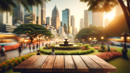 Foto op Aluminium empty wooden table, with the hustle of the city and the calm of a park blurred in the background © chopoo