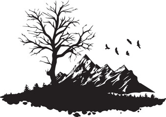 Fototapeta premium Black and white mountain range with dead tree and flying birds on white background