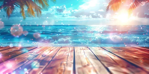 Türaufkleber empty wood table on sea water  with palm trees and bokeh light background, wood table on tropical beach background, banner product display montage. summer vacation  © Planetz